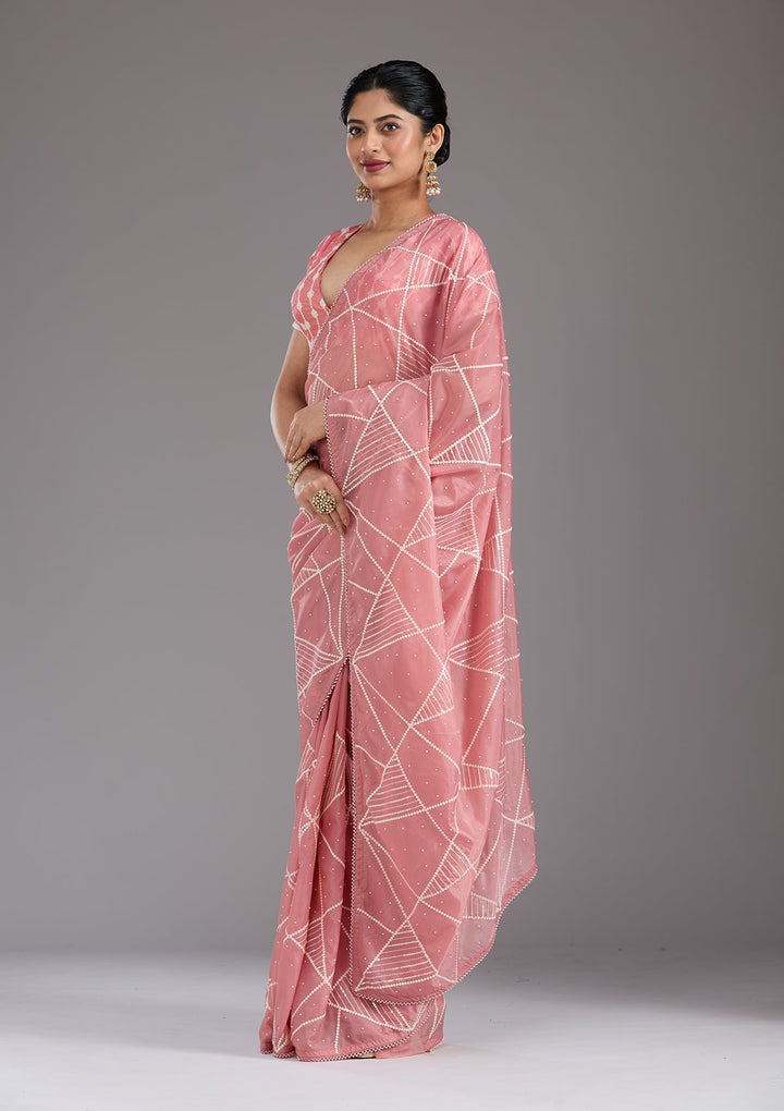 Gajari Pink Pearlwork Tissue Saree_koskii