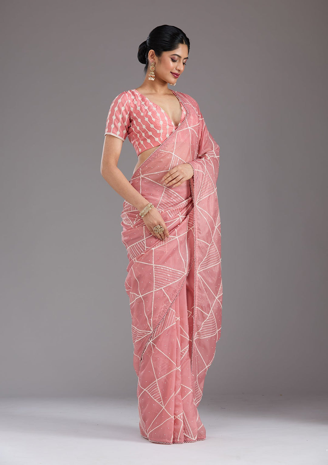 Gajari Pink Pearlwork Tissue Saree_koskii