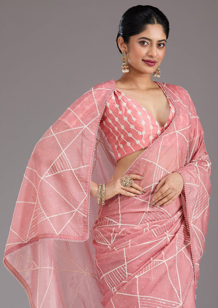 Gajari Pink Pearlwork Tissue Saree_koskii