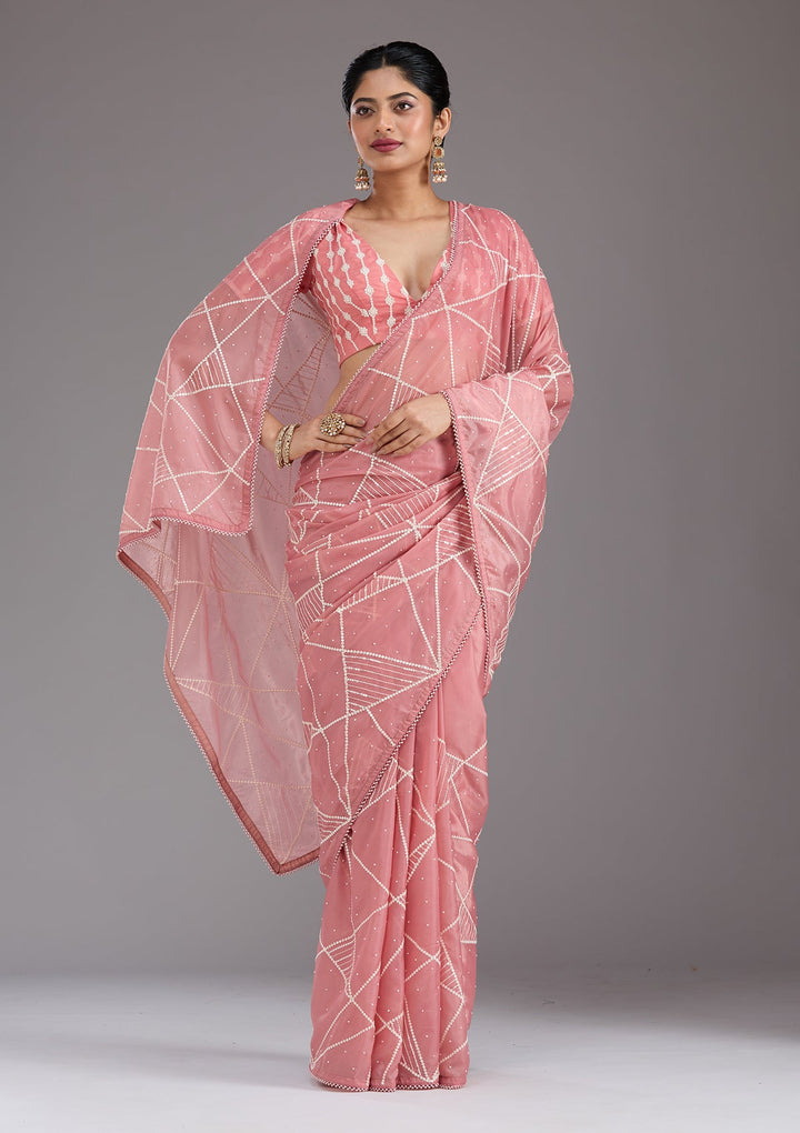 Gajari Pink Pearlwork Tissue Saree_koskii