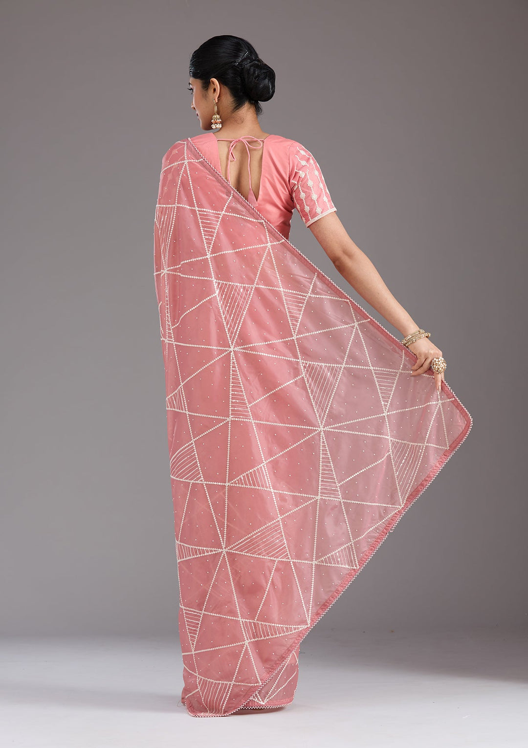 Gajari Pink Pearlwork Tissue Saree_koskii
