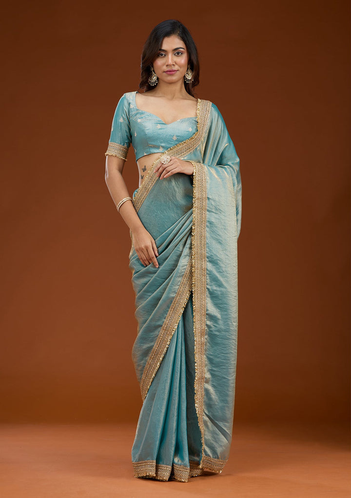 Blue Zariwork (Gold) Tissue Saree_koskii