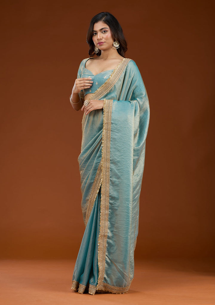 Blue Zariwork (Gold) Tissue Saree_koskii