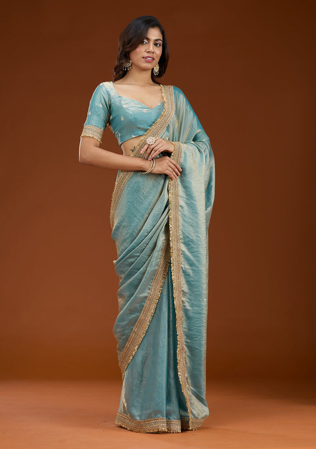 Blue Zariwork (Gold) Tissue Saree_koskii