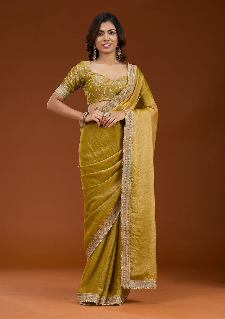 Mustard Zariwork (Gold) Tissue Saree_koskii