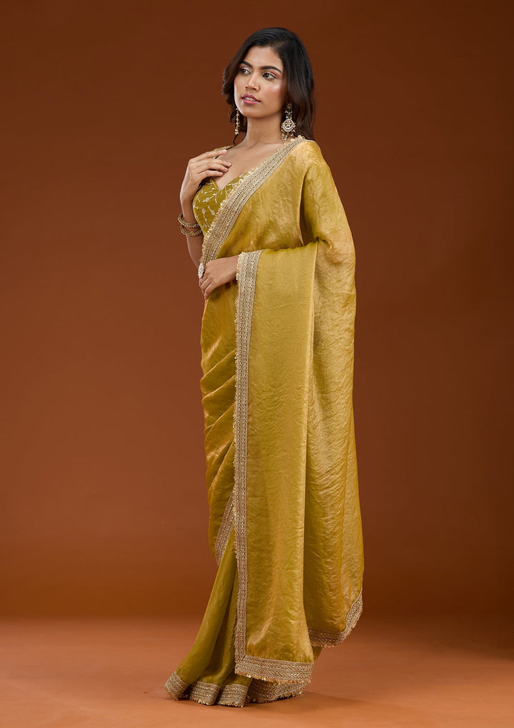Mustard Zariwork (Gold) Tissue Saree_koskii