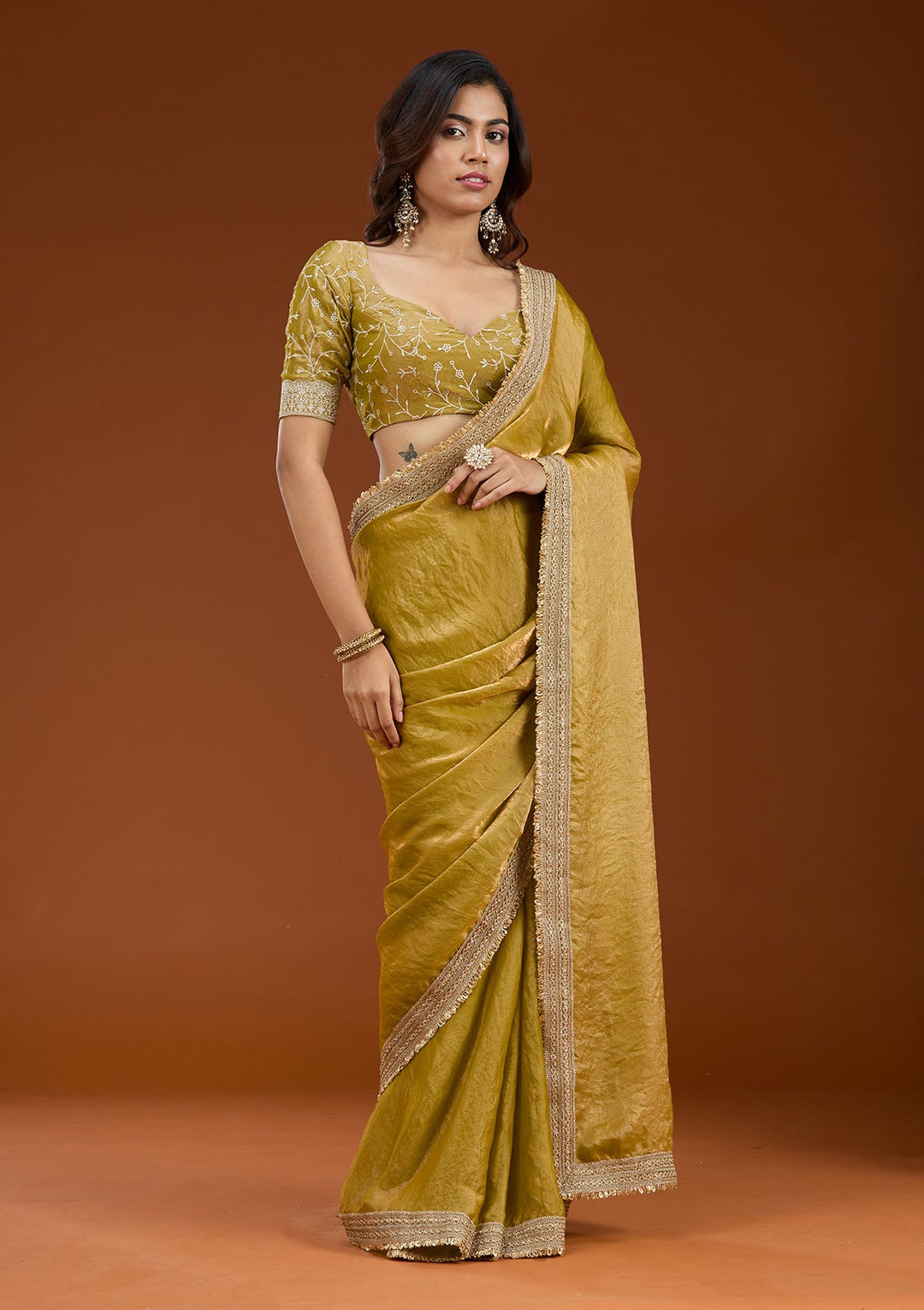 Mustard Zariwork (Gold) Tissue Saree_koskii