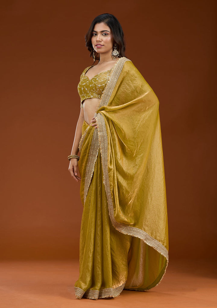 Mustard Zariwork (Gold) Tissue Saree_koskii