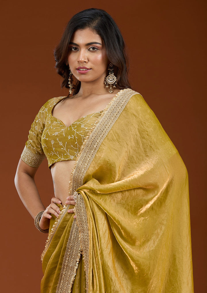 Mustard Zariwork (Gold) Tissue Saree_koskii