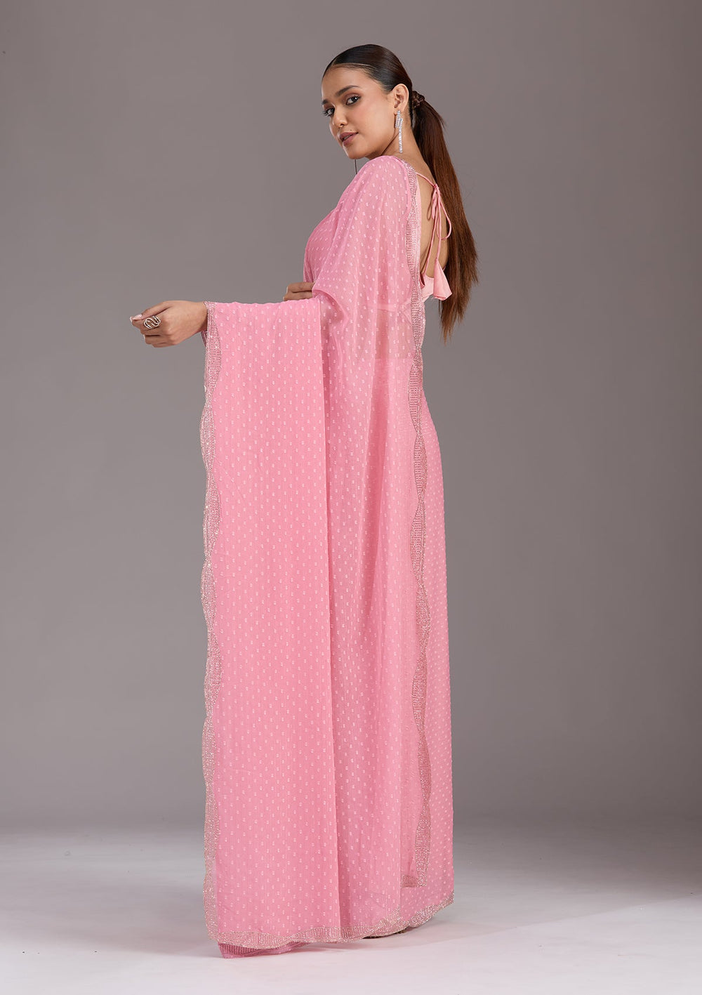 Gajari Pink Stonework (Silver) Chiffon Saree-koskii