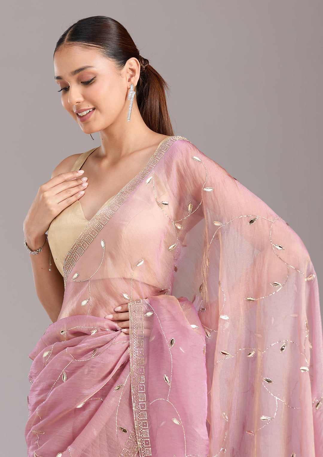 Lavender Stonework (Gold) Tissue Saree-koskii