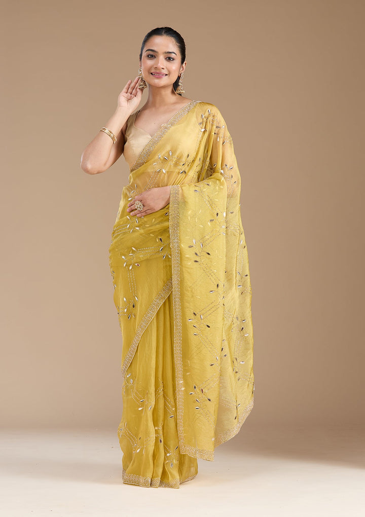 Lemon Yellow Stonework (Gold) Tissue Saree_koskii