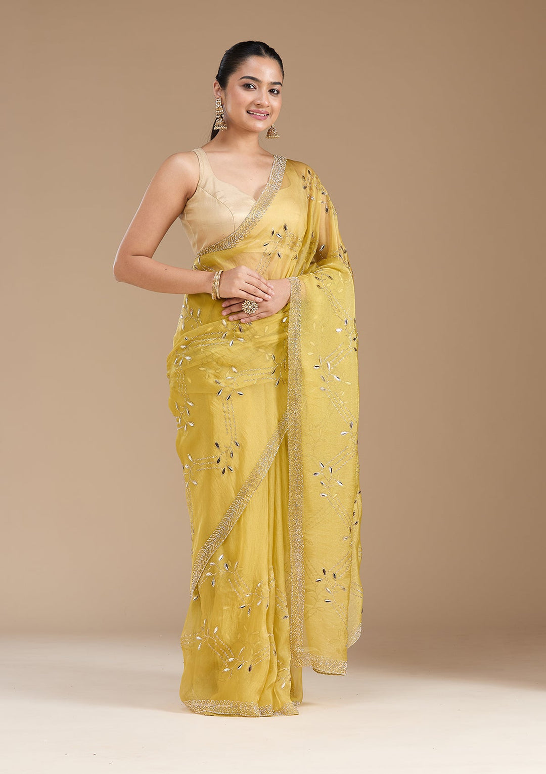 Lemon Yellow Stonework (Gold) Tissue Saree_koskii
