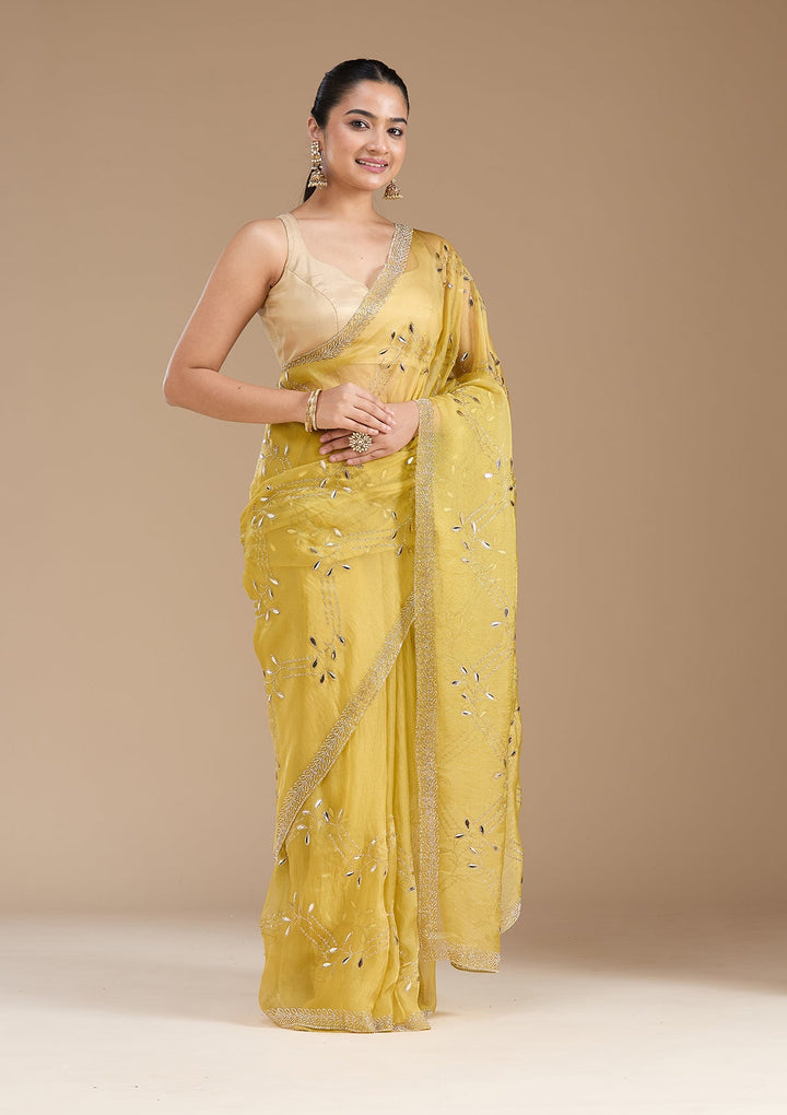 Lemon Yellow Stonework (Gold) Tissue Saree_koskii