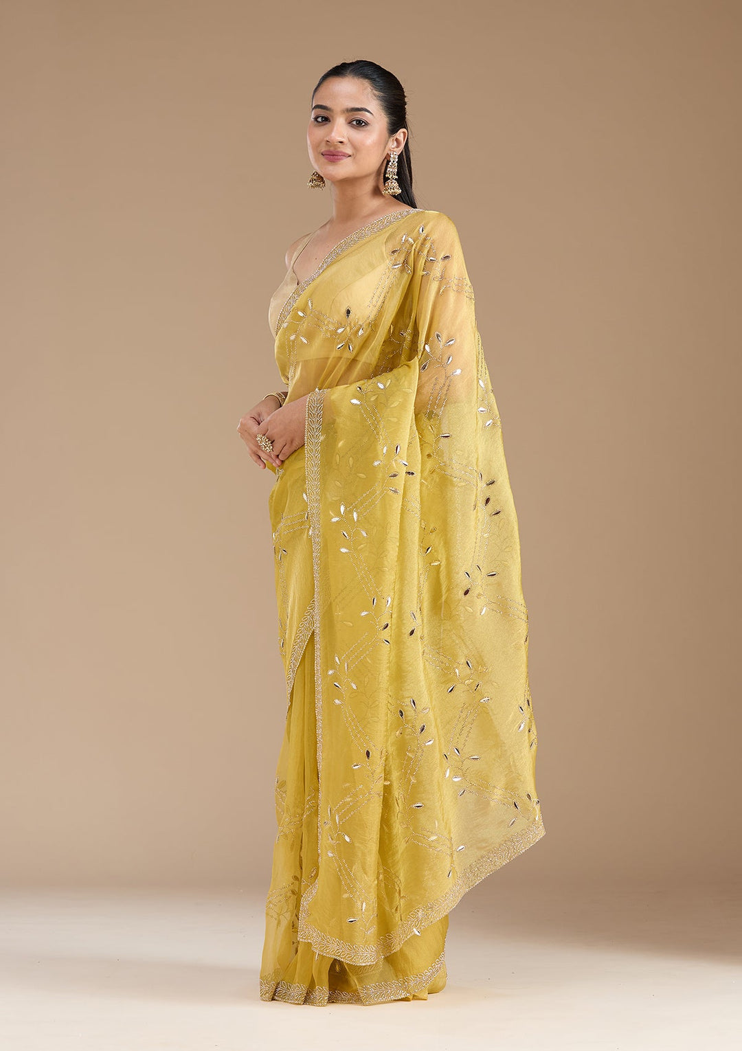 Lemon Yellow Stonework (Gold) Tissue Saree_koskii