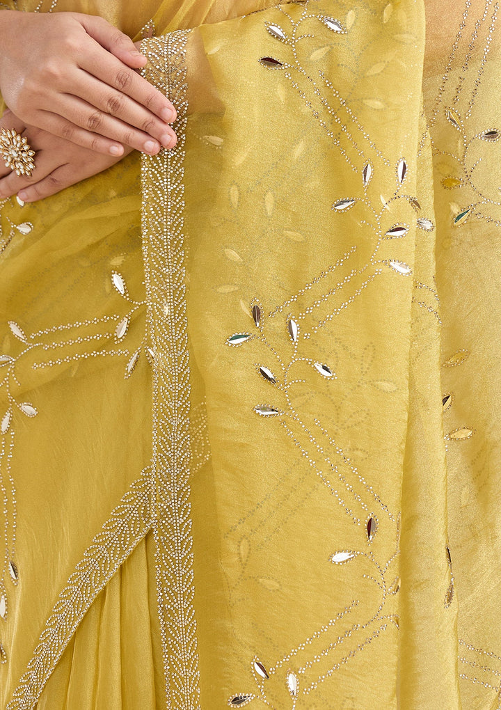 Lemon Yellow Stonework (Gold) Tissue Saree_koskii