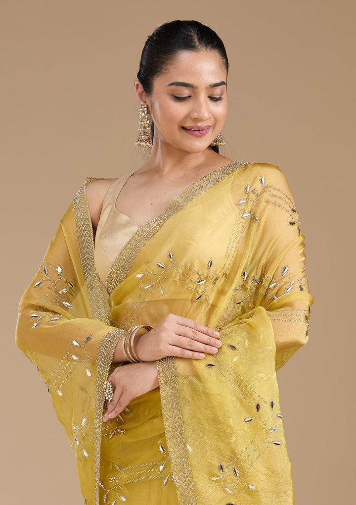 Lemon Yellow Stonework (Gold) Tissue Saree_koskii