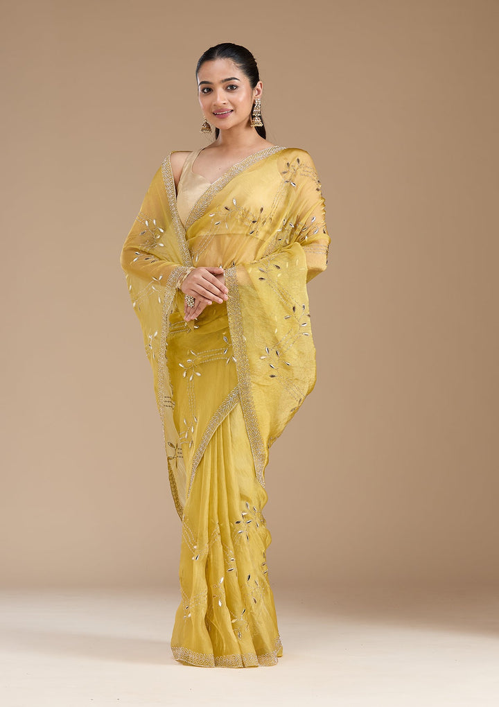 Lemon Yellow Stonework (Gold) Tissue Saree_koskii