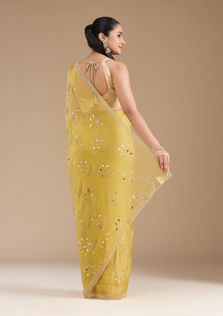 Lemon Yellow Stonework (Gold) Tissue Saree_koskii