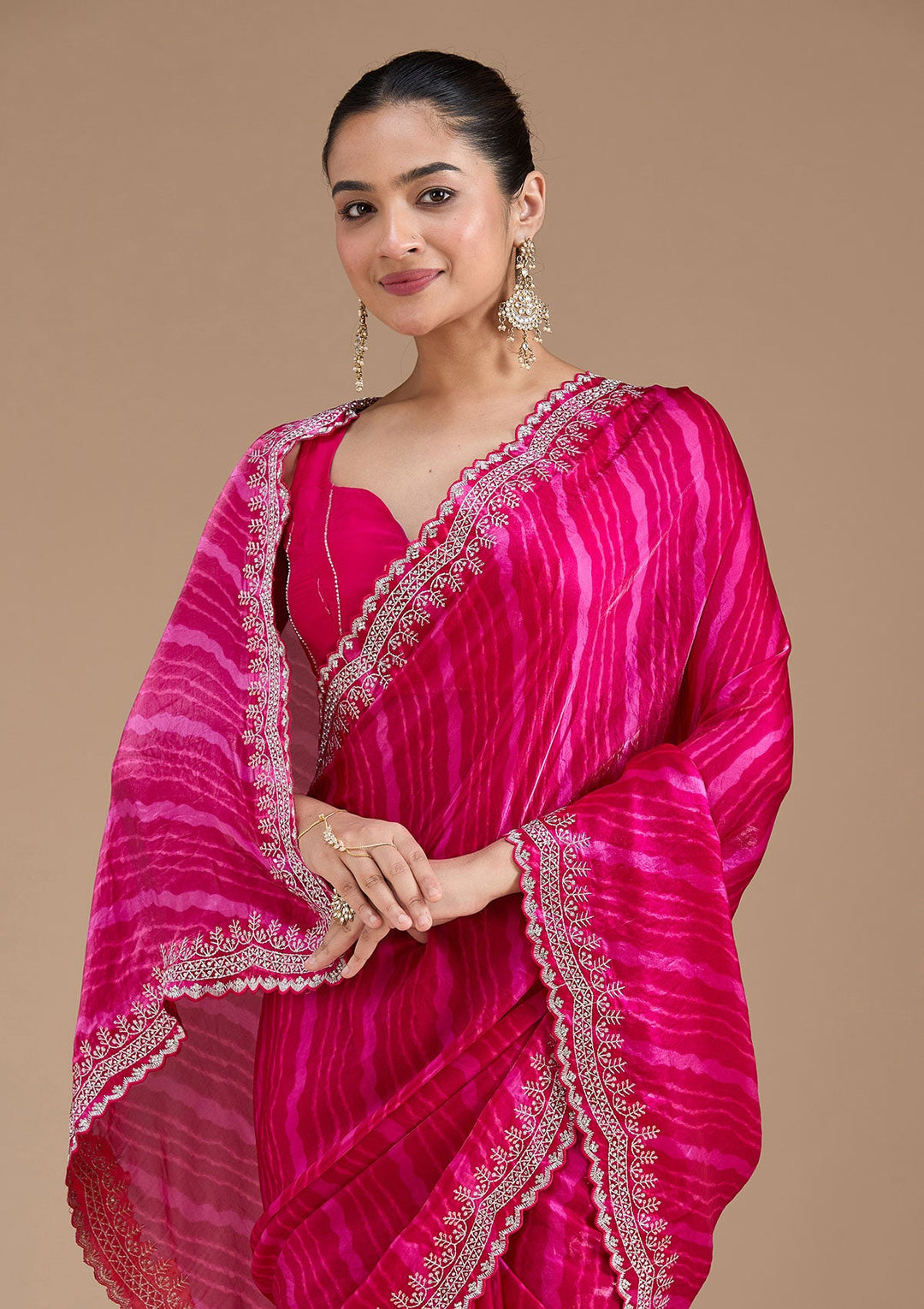 Rani Pink Zariwork (Silver) Organza Saree_koskii