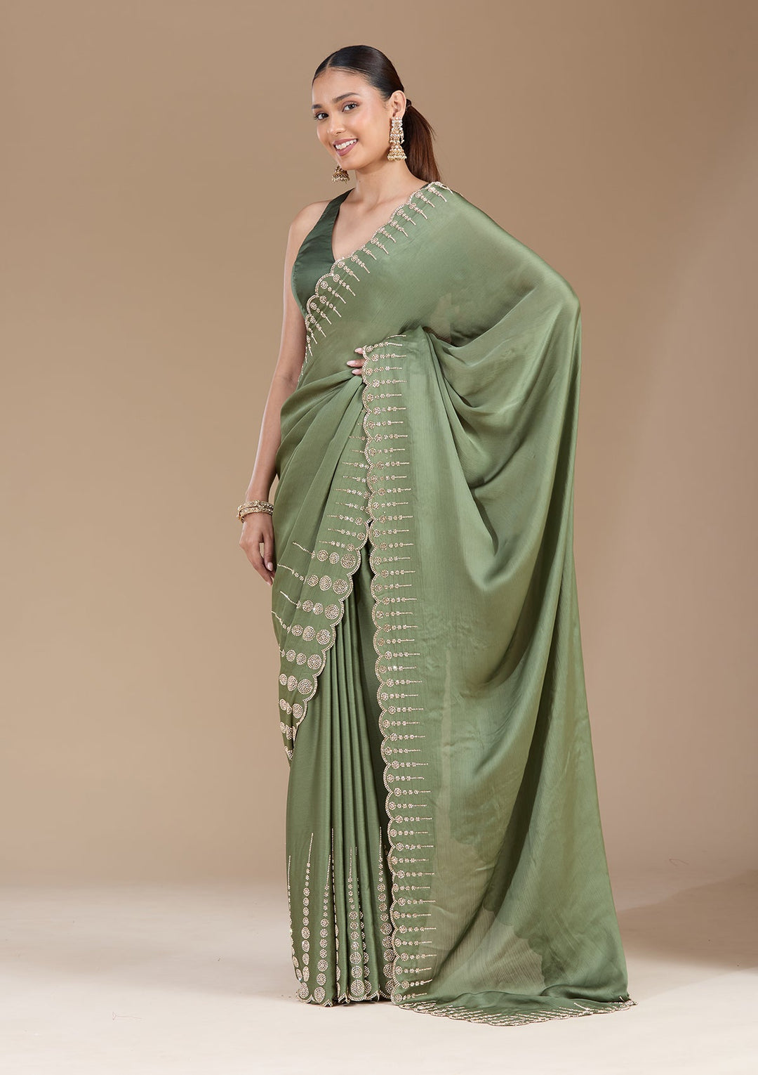 Mehendi Stonework (Gold) Chiffon Saree-koskii