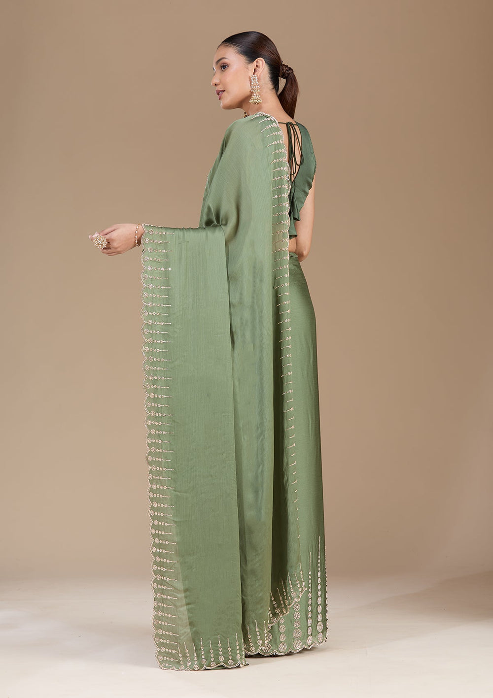 Mehendi Stonework (Gold) Chiffon Saree-koskii