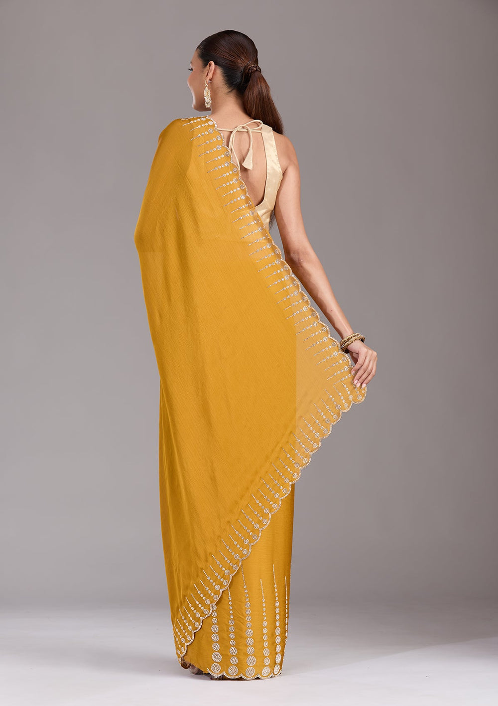 Mustard Stonework (Gold) Chiffon Saree-koskii