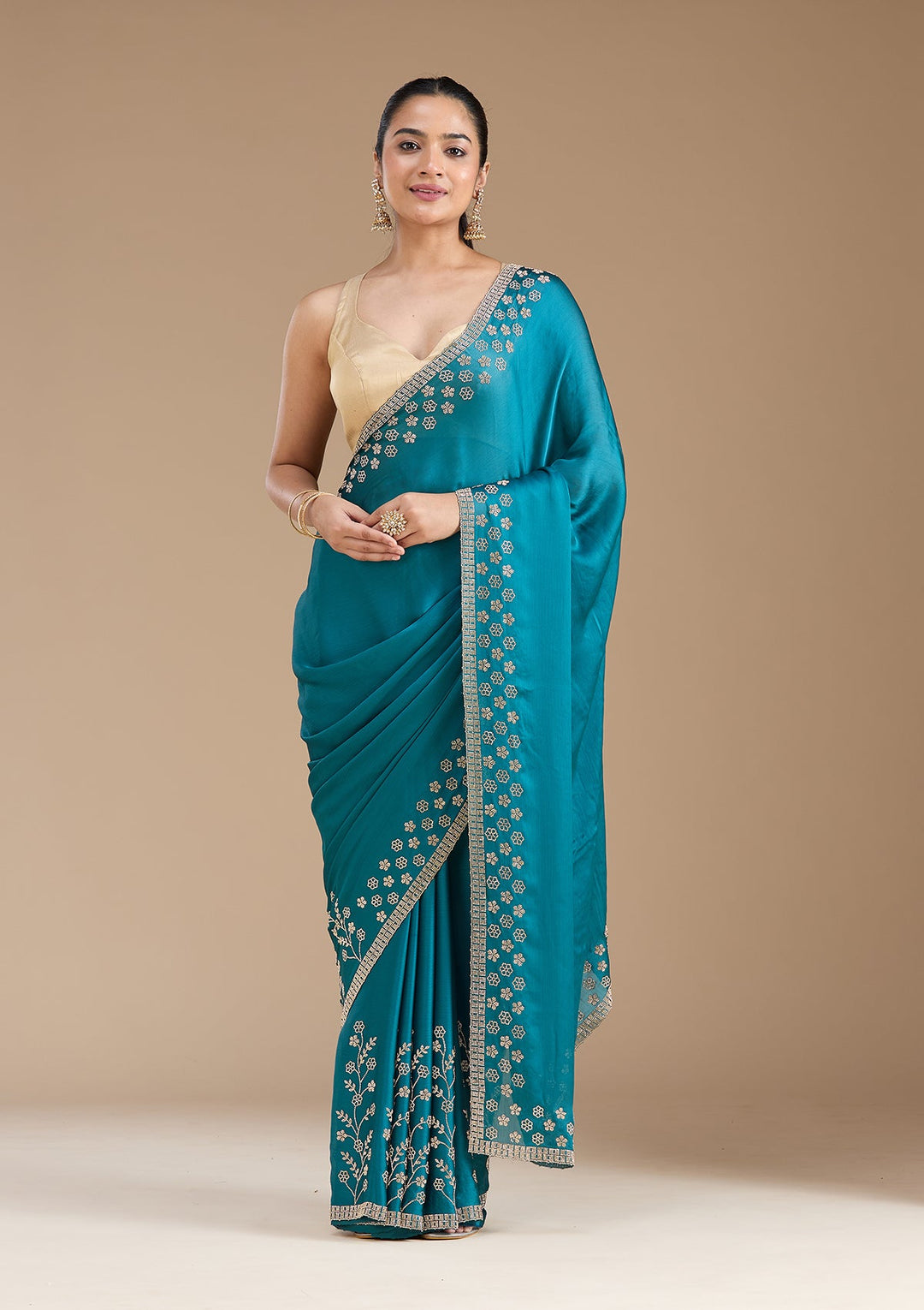Blue Stonework (Gold) Chiffon Saree_koskii