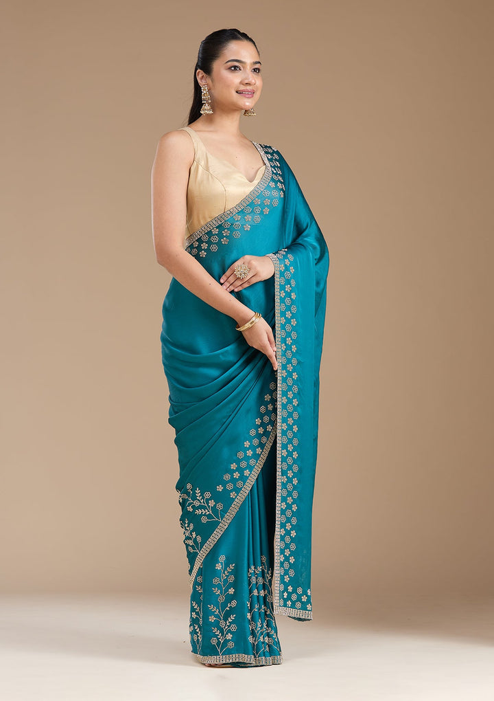 Blue Stonework (Gold) Chiffon Saree_koskii