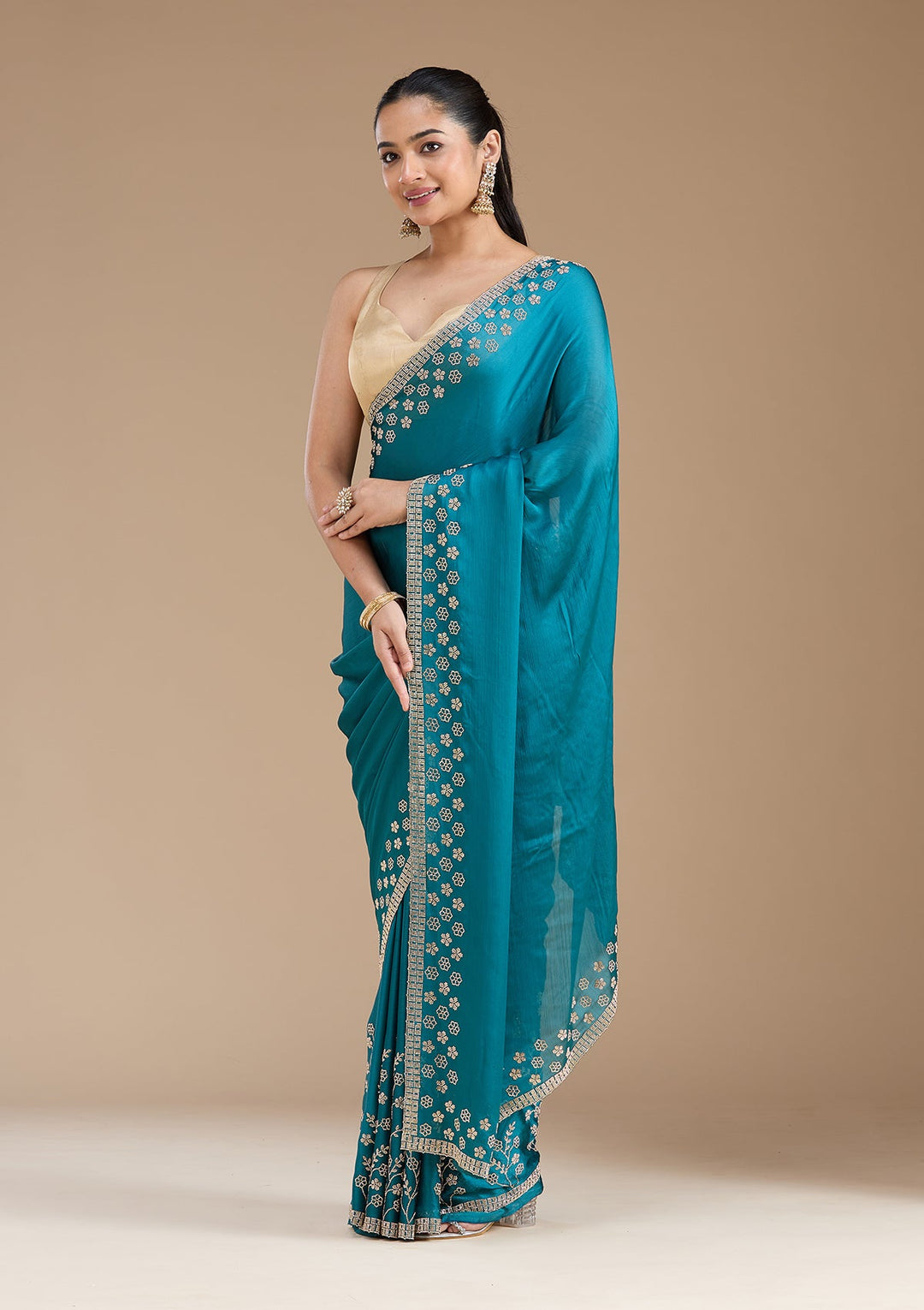Blue Stonework (Gold) Chiffon Saree_koskii