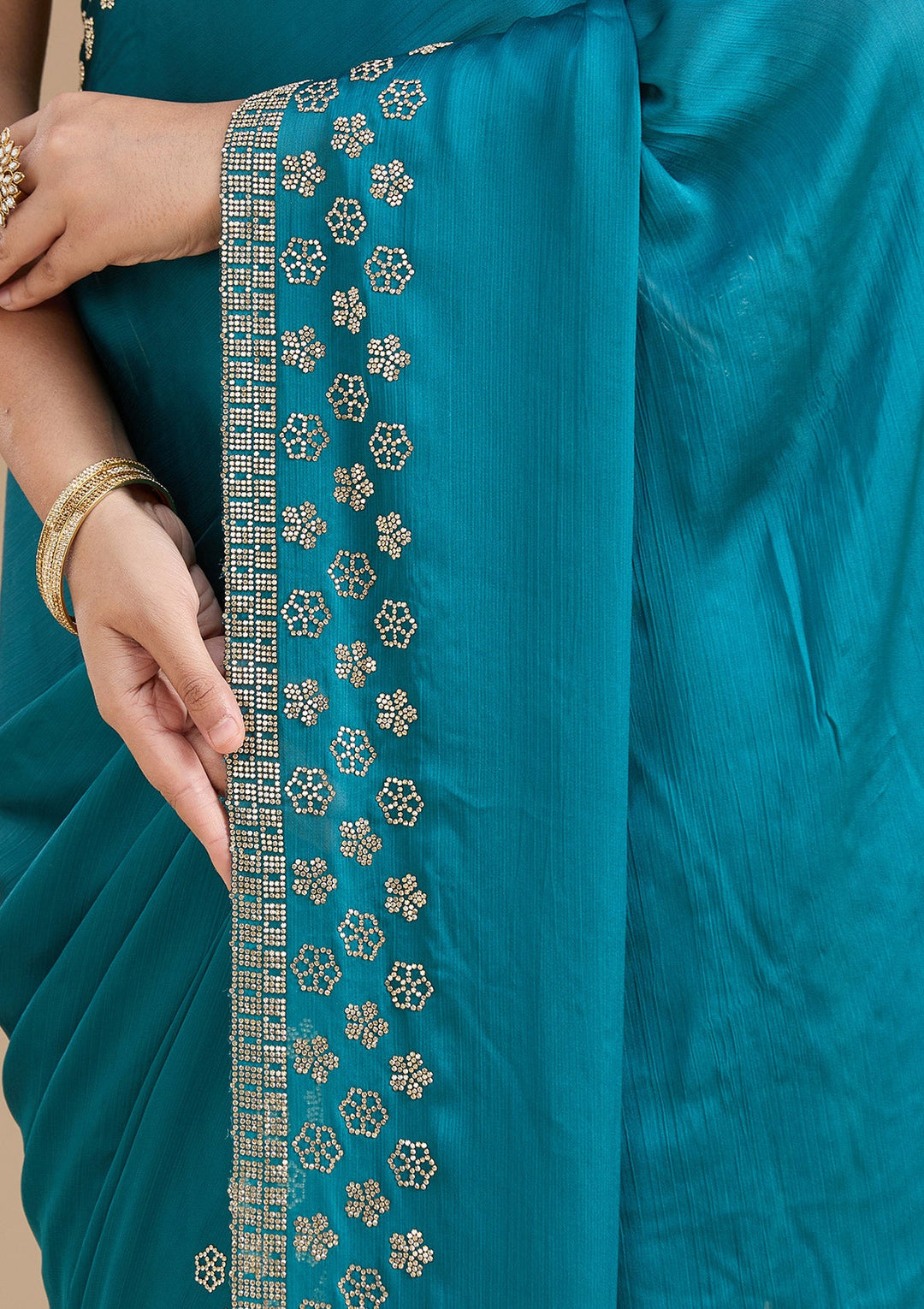 Blue Stonework (Gold) Chiffon Saree_koskii
