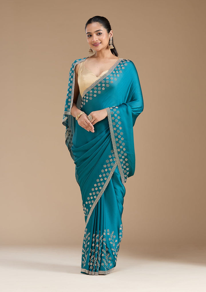 Blue Stonework (Gold) Chiffon Saree_koskii