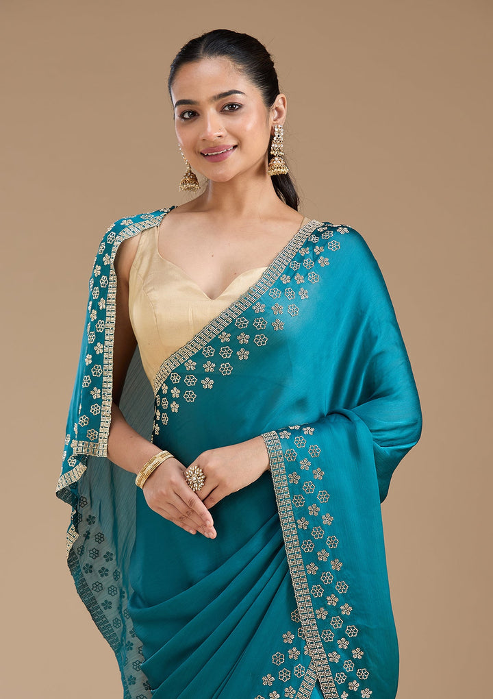 Blue Stonework (Gold) Chiffon Saree_koskii