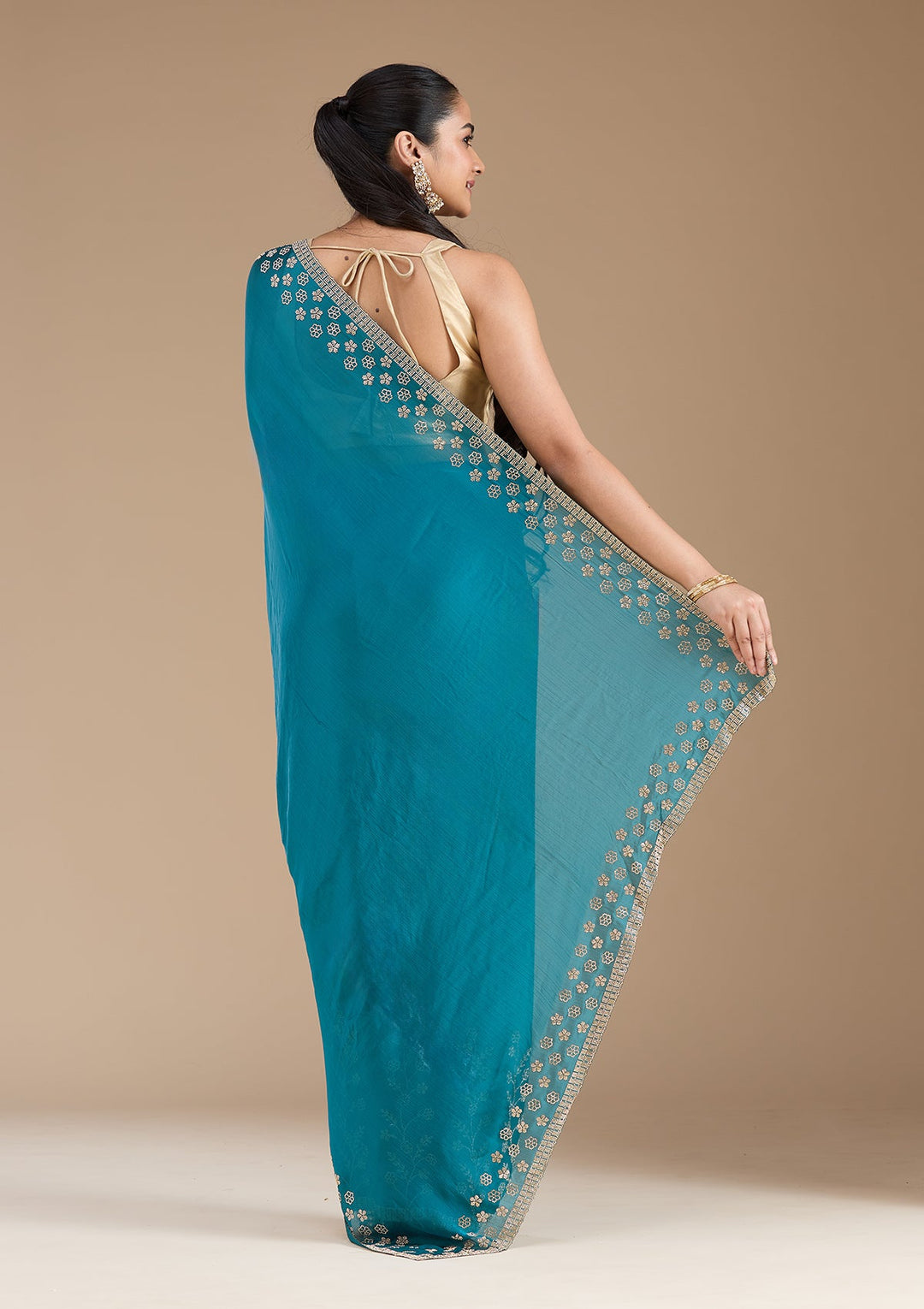 Blue Stonework (Gold) Chiffon Saree_koskii