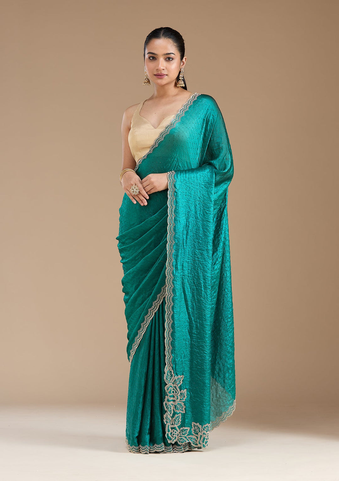 Rama Green Stonework (Gold) Chiffon Saree_koskii