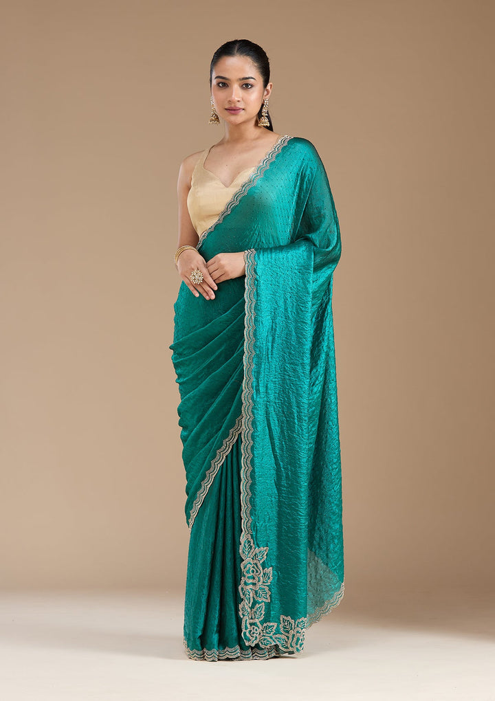 Rama Green Stonework (Gold) Chiffon Saree_koskii