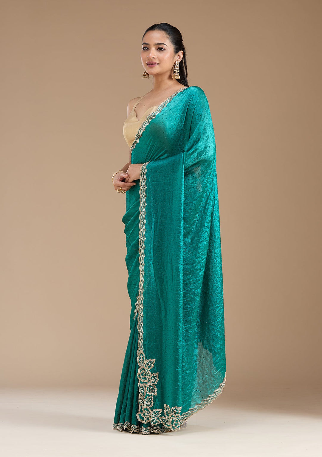 Rama Green Stonework (Gold) Chiffon Saree_koskii