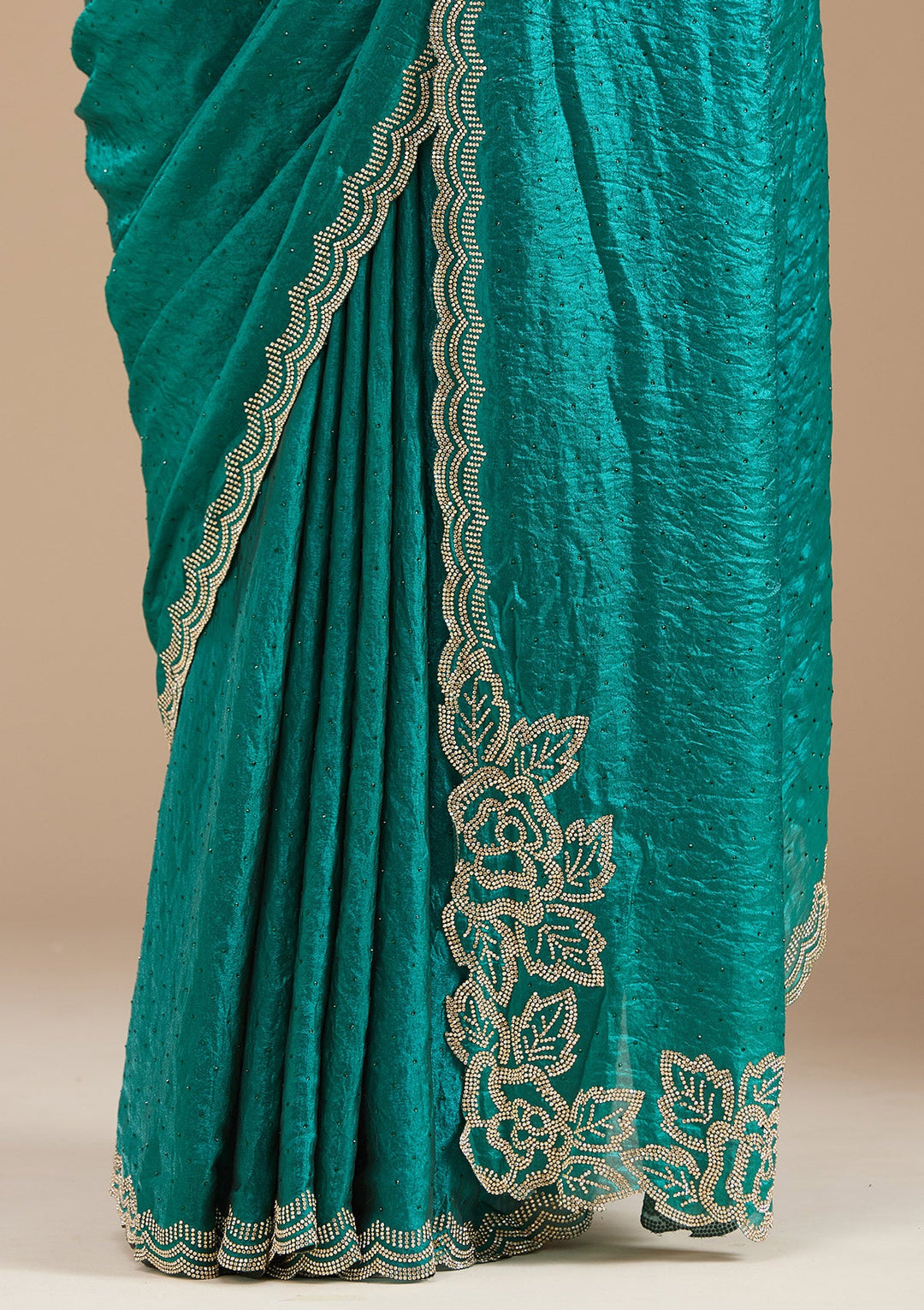 Rama Green Stonework (Gold) Chiffon Saree_koskii