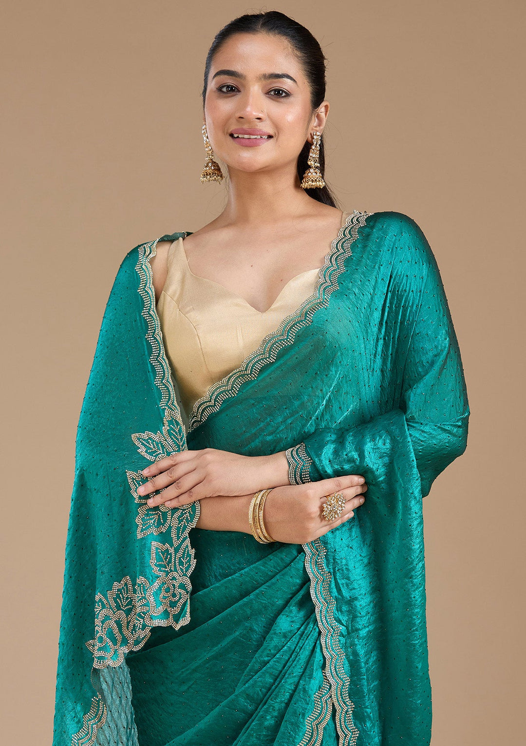 Rama Green Stonework (Gold) Chiffon Saree_koskii