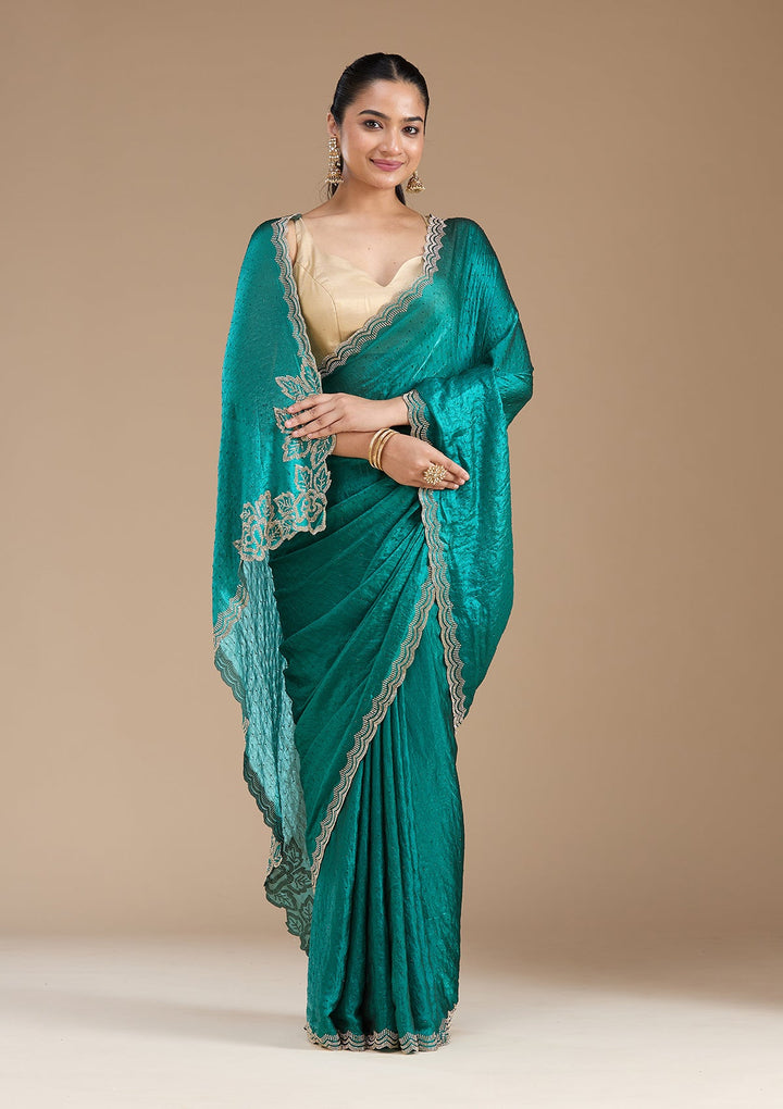 Rama Green Stonework (Gold) Chiffon Saree_koskii