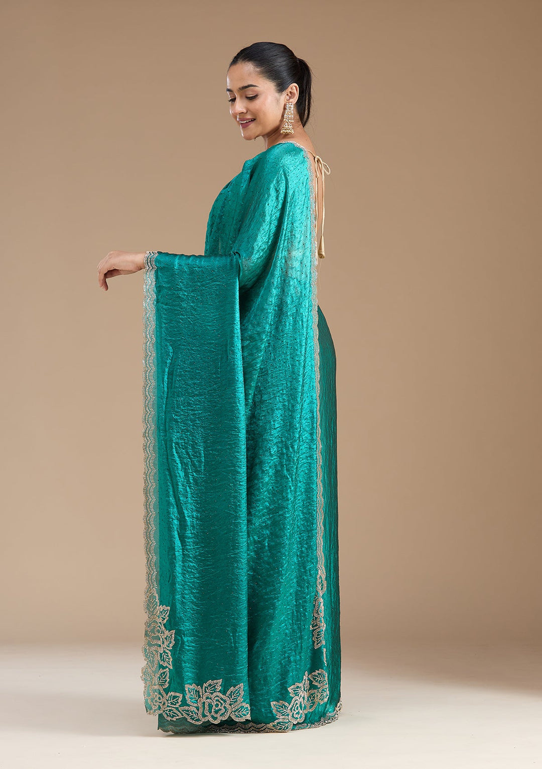 Rama Green Stonework (Gold) Chiffon Saree_koskii
