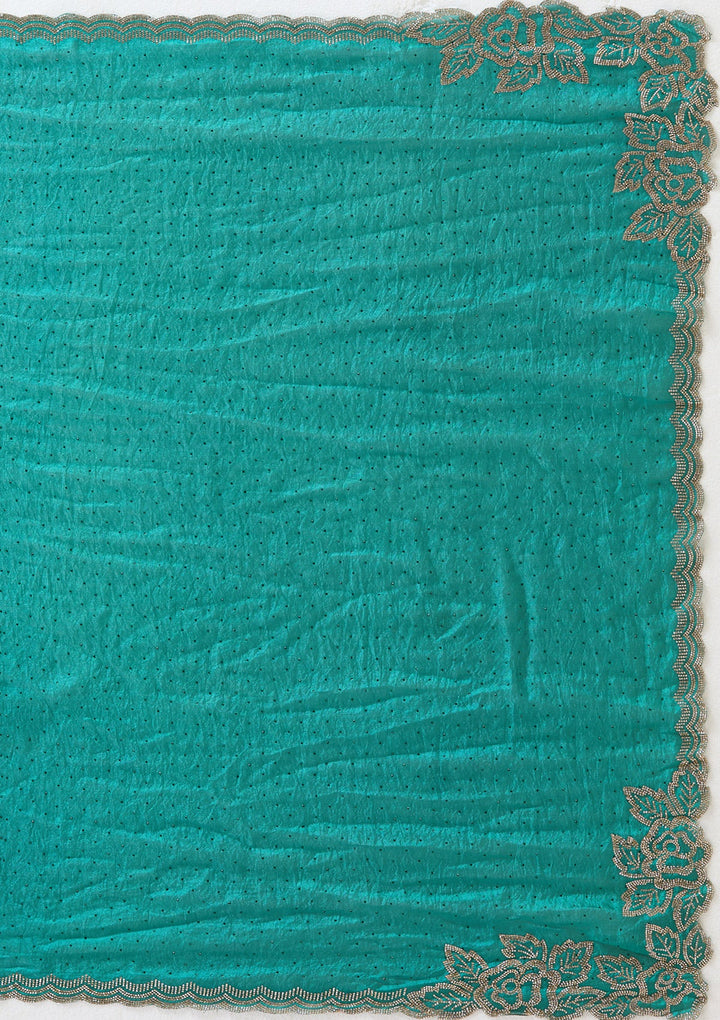 Rama Green Stonework (Gold) Chiffon Saree_koskii