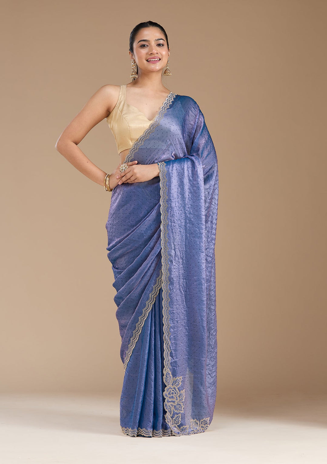 Violet Stonework (Gold) Chiffon Saree_koskii