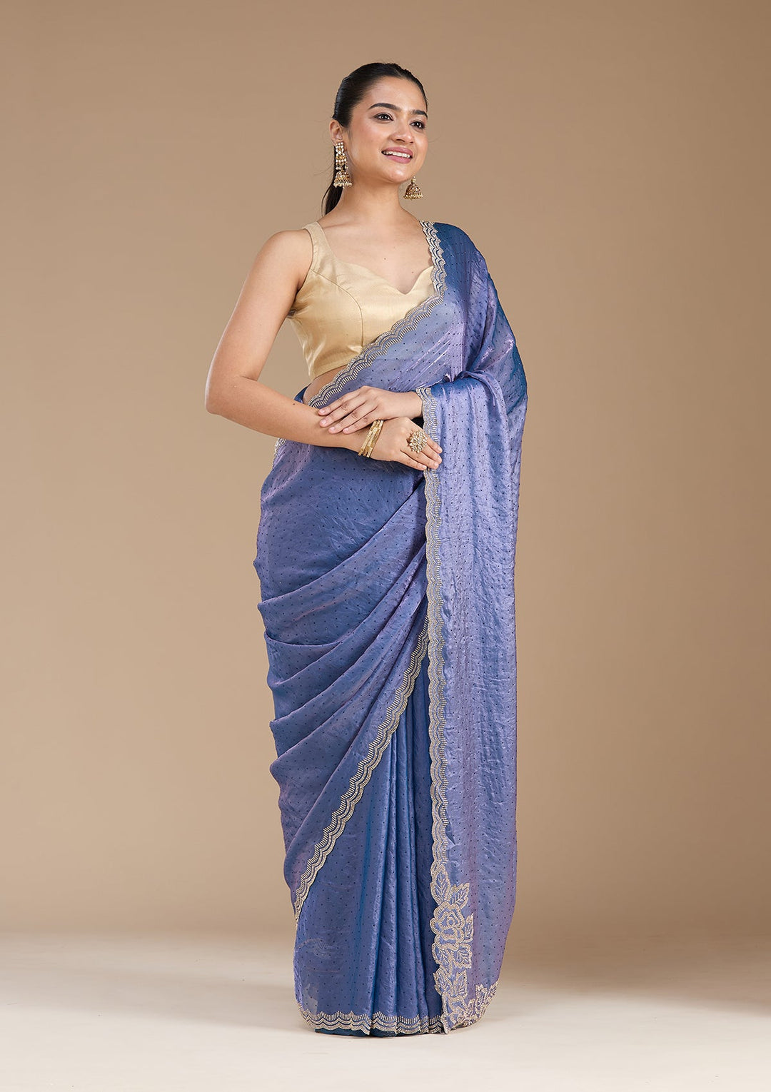Violet Stonework (Gold) Chiffon Saree_koskii