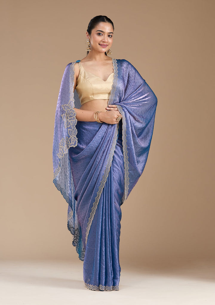 Violet Stonework (Gold) Chiffon Saree_koskii