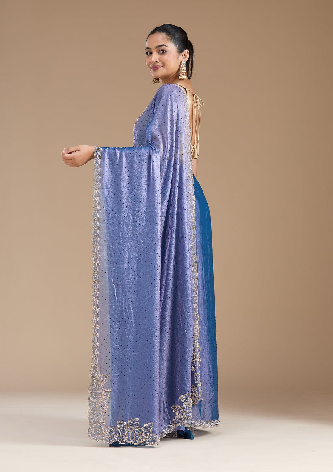 Violet Stonework (Gold) Chiffon Saree_koskii