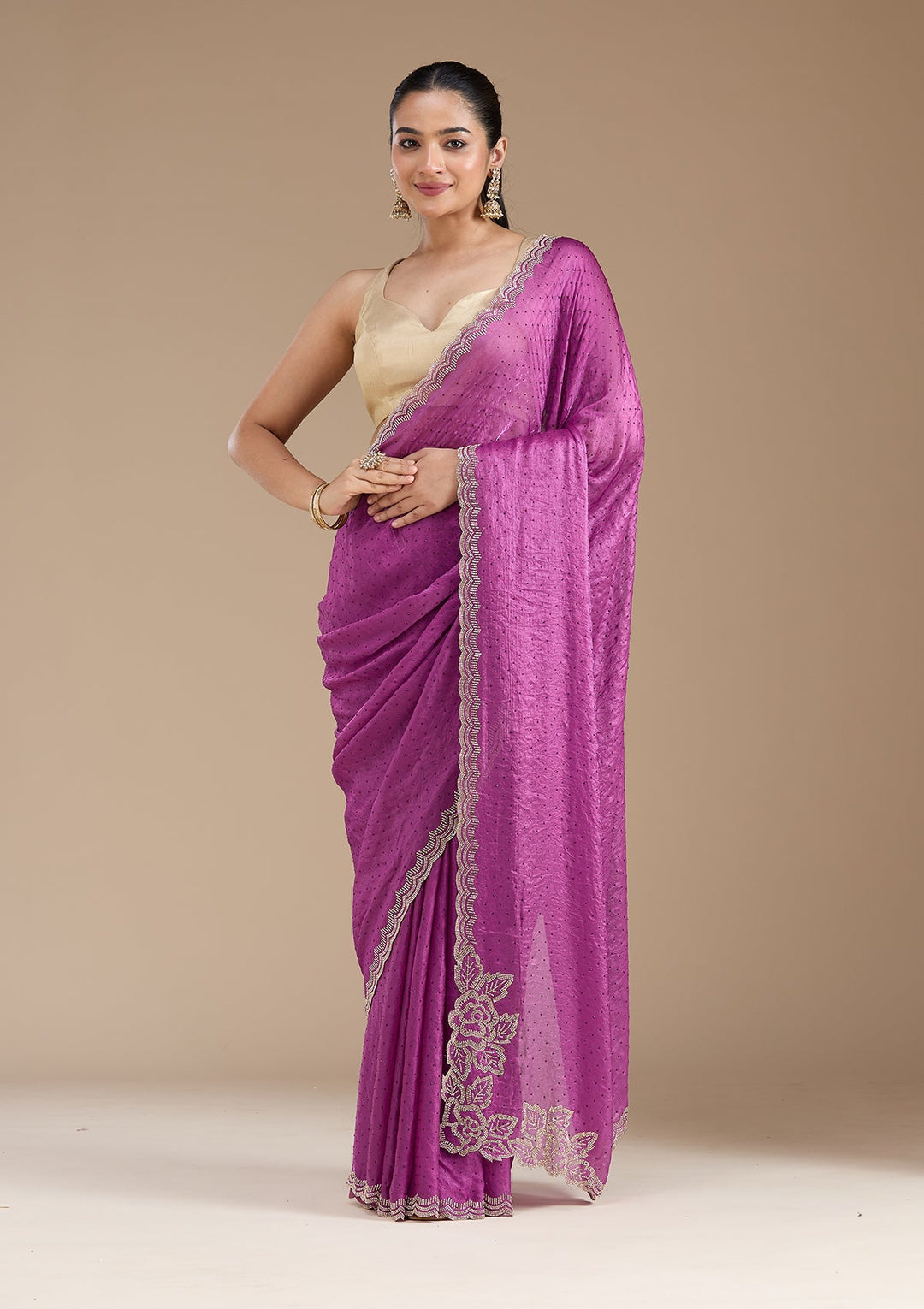 Wine Stonework (Gold) Chiffon Saree_koskii