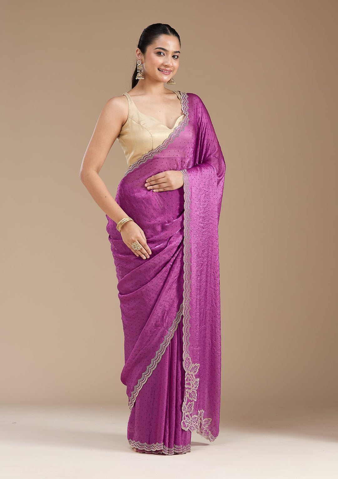 Wine Stonework (Gold) Chiffon Saree_koskii