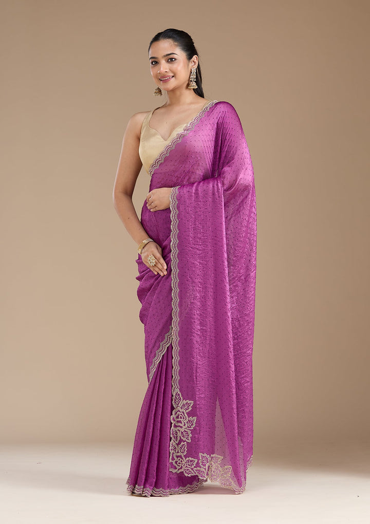 Wine Stonework (Gold) Chiffon Saree_koskii