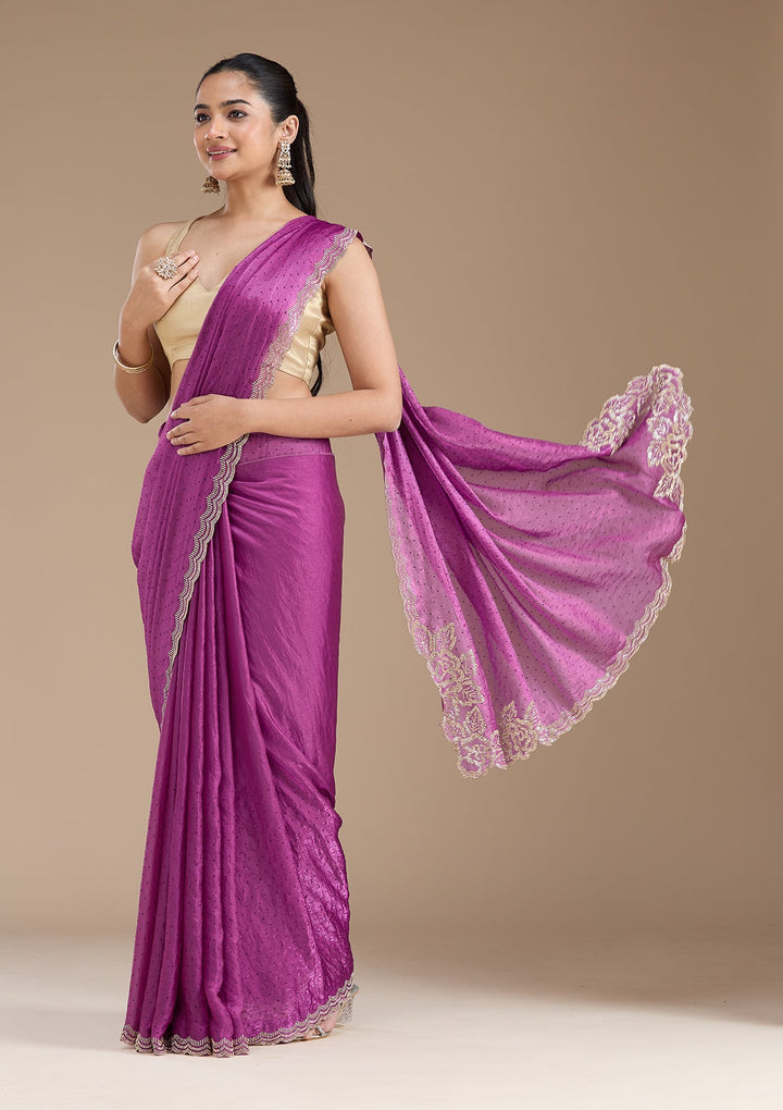 Wine Stonework (Gold) Chiffon Saree_koskii